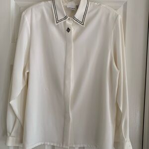 Koret White Long-Sleeve Blouse with Navy & Yellow Trim Collar